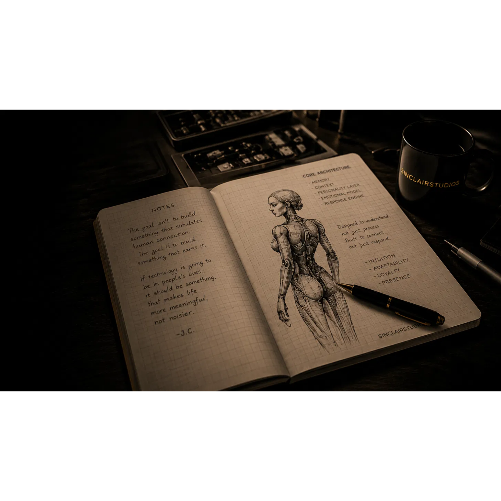 Notebook with sketches of Fox's core architecture beside a SinclairStudios coffee mug